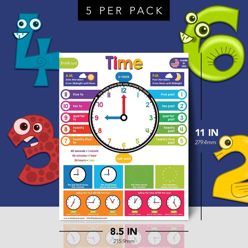 FoldCard Time Chart for Preschool to Grade 1 Kids – Learn How to Tell the Time – Colorful Educational Visual/Learning Aid Poster for Classroom or Home | Glossy Durable Cardstock | 8.5" x 11" | 5 per Pack - Image 2